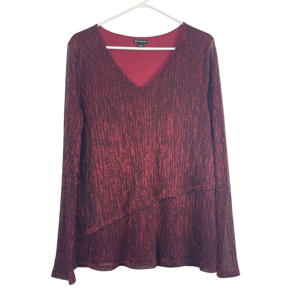 00632 NEW DIRECTIONS Womens Red Metallic V‎ Neck Long Sleeve Top Plus Size L